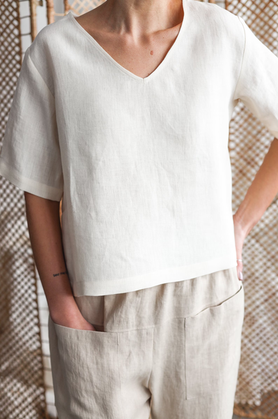 

Loose Simple Cotton Crew Neck Linen Style Shirt, Off white, Blouses & Shirts