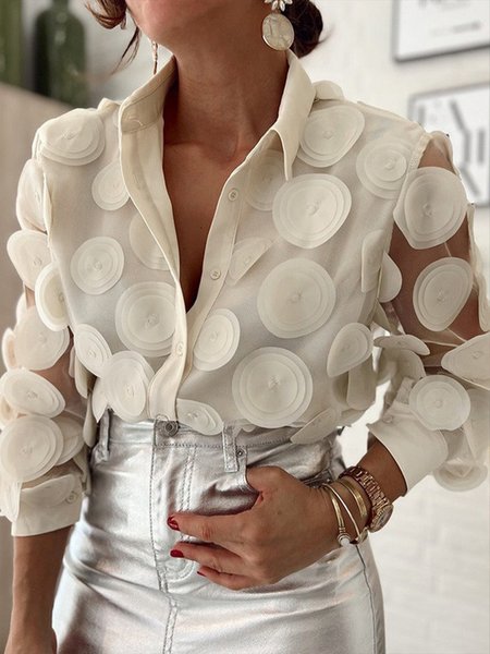 

Plus Size Shirt Collar Urban Plain 3D Floral Regular Fit Blouse, Off white, Plus Tops