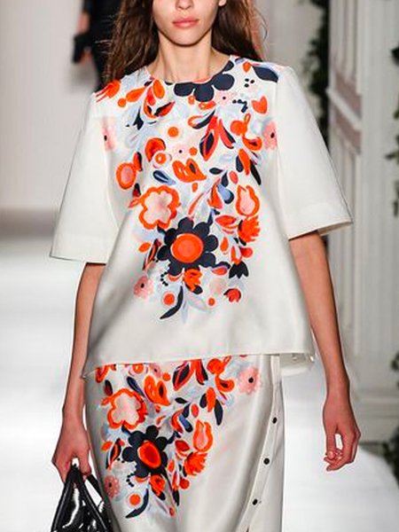 

Crew Neck Floral Vacation Half Sleeve Shirt, As picture, Blouses and Shirts
