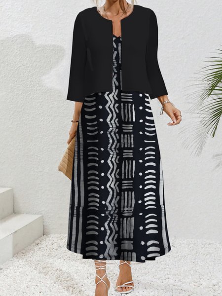 

Women Abstract Crew Neck Half Sleeve Comfy Casual Midi Dress, Black, Dresses