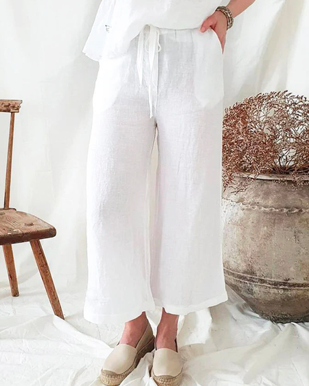 

Plain Cotton Casual Linen Style Pants, White, Pants