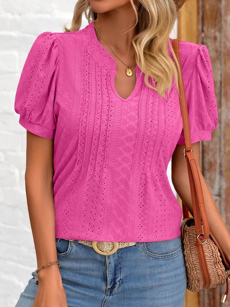 

Notched Short Sleeve Plain Regular Micro-Elasticity Loose Shirt For Women, Rose red, Blouses