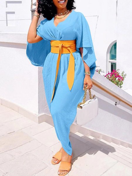 

Vacation Color Block Regular Fit Dress With Belt, Blue, Maxi Dresses