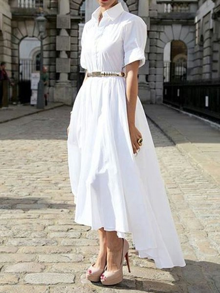 

Urban Shirt Collar Plain Lace Dress, White, Maxi Dresses