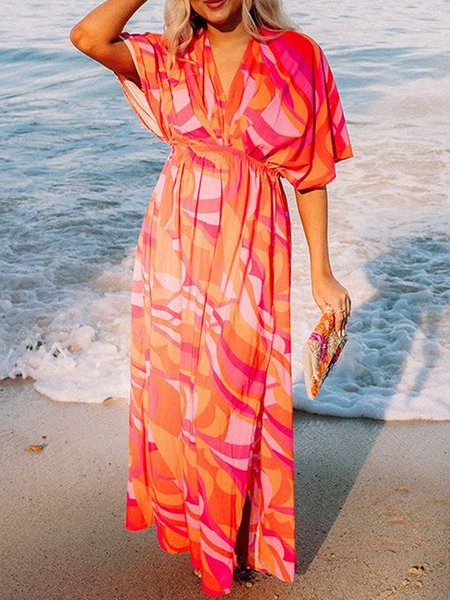 

Abstract V Neck Vacation Dress, As picture, Maxi Dresses
