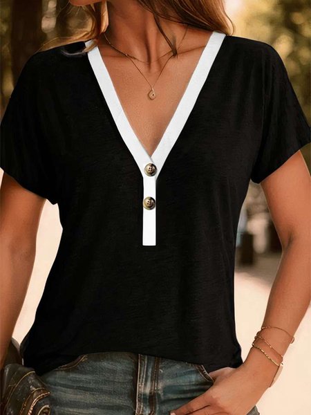 

Color Block Casual V Neck Loose Shirt, Black, Shirts & Blouses