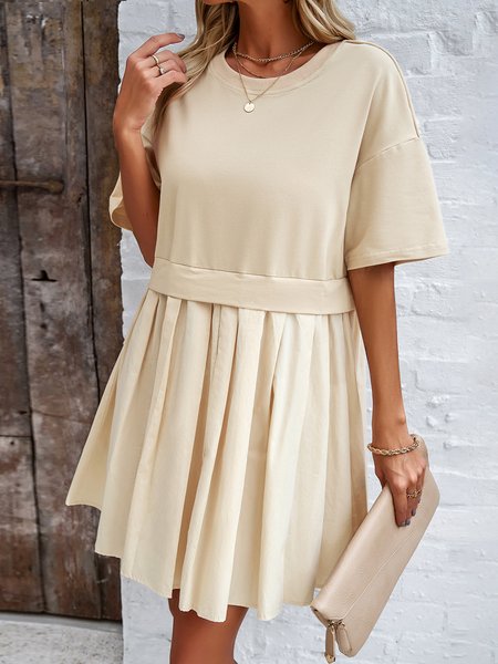 

Women Plain Crew Neck Short Sleeve Comfy Casual Short Dress, Apricot, Dresses
