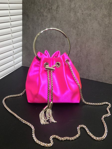 

Party Rhinestone Tassel Satin Round Ring Bucket Handbag with Crossbody Chain, Rose red, Bags