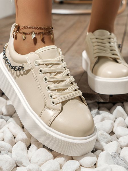 

Casual Plain Lace-Up Flat Heel Skate Shoes Glitter, Apricot, Sneakers&Athletic