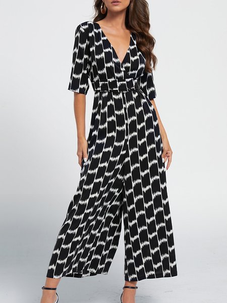 

Geometric V Neck Simple Jumpsuit, Black, Jumpsuits＆Rompers