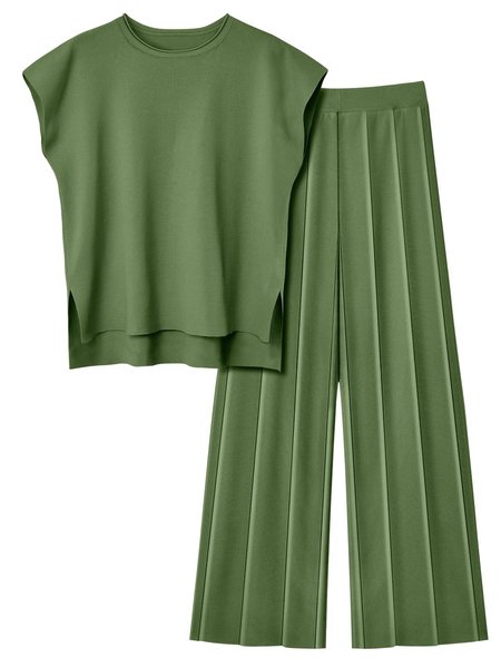 

Women Plain Crew Neck Cap Sleeve Comfy Casual Top With Pants Two-Piece Set, Green, Sets