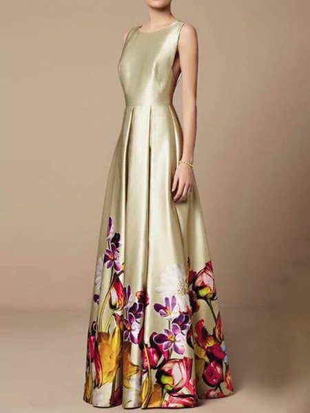 Loose Printing Crew Neck Elegant Dress, As picture, Maxi Dresses