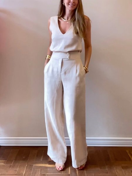 

V Neck Casual Sleeveless Plain Two-Piece Set, As picture, Two-piece Set