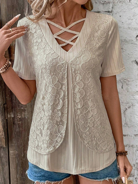 

Knitted Loose Casual V Neck Mock Two-Piece Shirt, Khaki, Shirts & Blouses