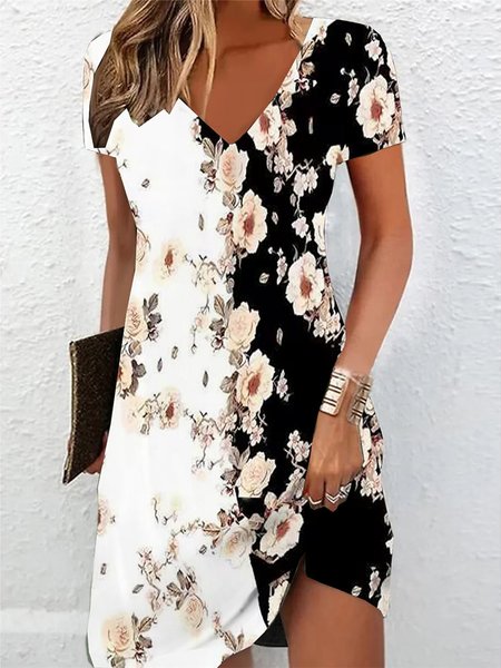 

Elegant Loose V Neck Floral Dress, Black-white, Dresses