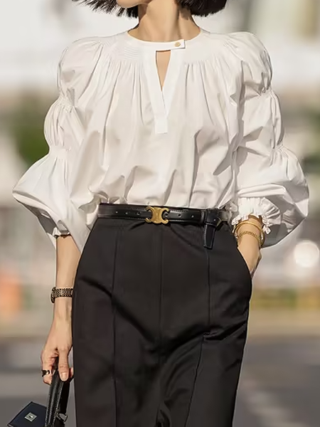 

Loose Plain Crew Neck Short Sleeve Urban Blouse, White, Blouses and Shirts
