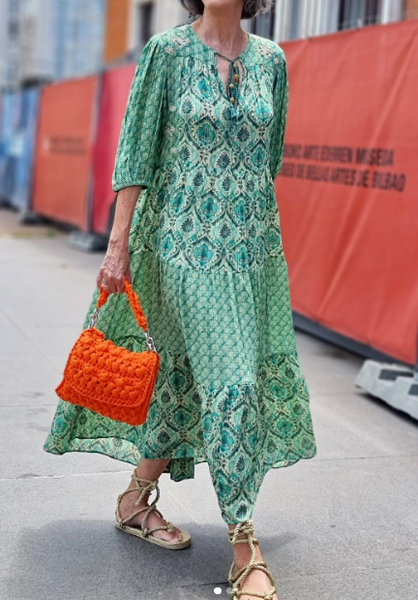 

V Neck Vacation Loose Ethnic Dress With No Belt, Green, Dresses