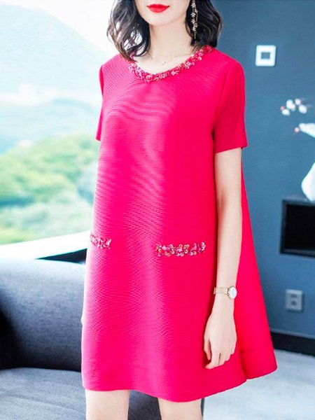 

Elegant Crew Neck Plain Short Sleeve Mini Dress With No Belt, Deep pink, Mini Dresses