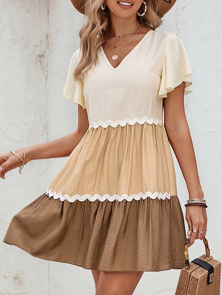 

Women Color Block V Neck Short Sleeve Comfy Casual Short Dress, Khaki, Dresses
