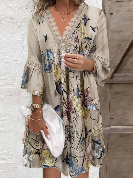 

Lace Floral Casual V Neck Flare Sleeve Dress, Apricot, Dresses