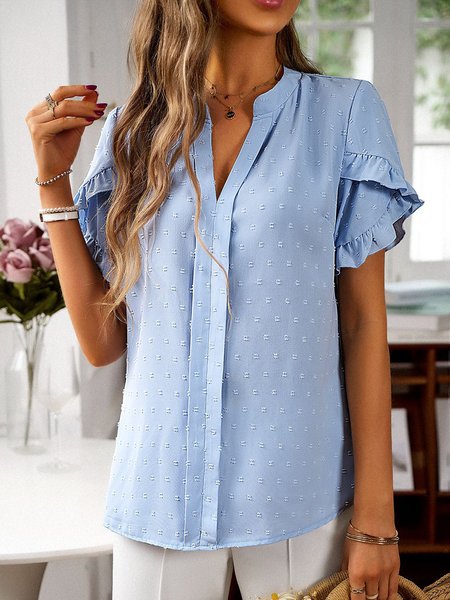 

V Neck Short Sleeve Plain Regular Loose Shirt For Women, Blue, Blouses
