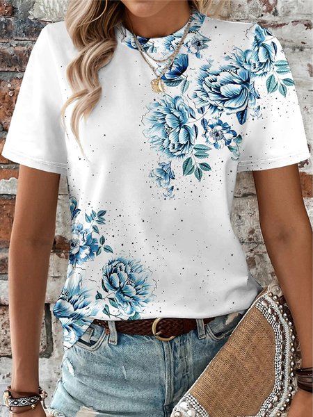 

Floral Crew Neck Loose Casual T-Shirt, White, T-Shirts