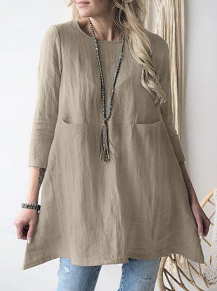 

Plain Casual Crew Neck Cotton Linen Style Shirt, Khaki, Blouses & Shirts