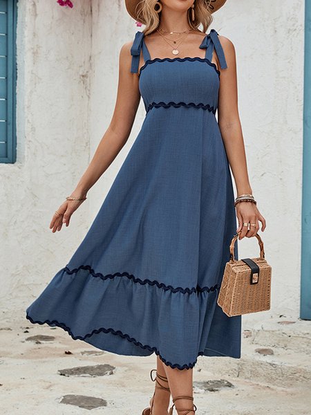 

Women Color Block Spaghetti Gallus Comfy Casual Midi Dress, Blue, Dresses