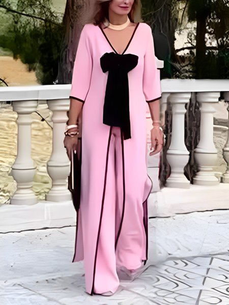 

Loose V Neck Elegant Color Block Kimono, Pink, Kimonos