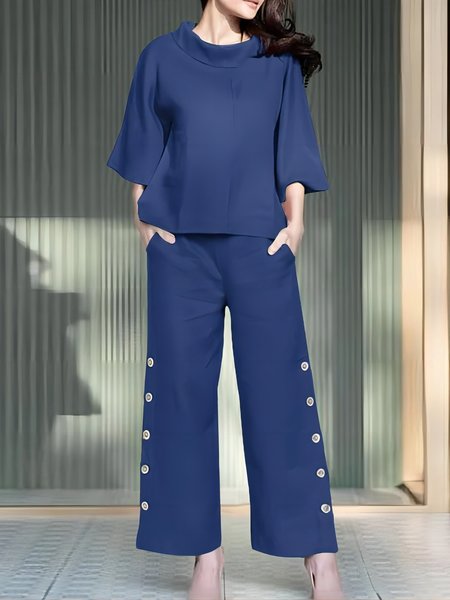 

Women Plain Stand Collar Three Quarter Sleeve Comfy Casual Top With Pants Two-Piece Set, Blue, Sets