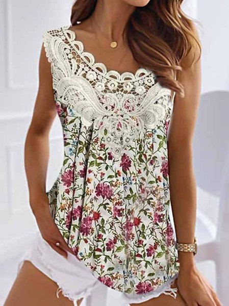 

Crew Neck Casual Lace Small Floral Tank Top, Pink, Tanks & Camis