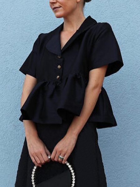 

Loose Shawl Collar Urban Plain Short Sleeve Blouse, Navyblue, Blouses and Shirts