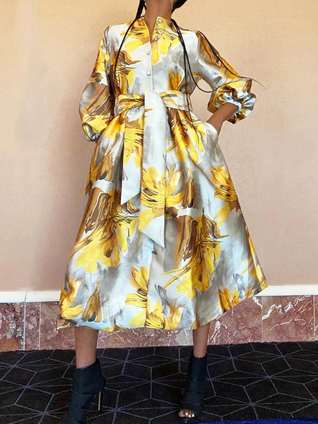 

Floral Elegant Crew Neck Three Quarter Midi Sleeve Dress With Belt, As picture, Midi Dresses