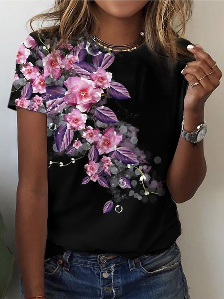 

JFN Casual Loose Floral T-Shirt, Black-red, T-Shirts