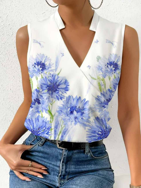 

Cross V Neck Loose Casual Floral Tank Top, Blue, Tanks & Camis