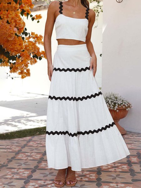 

Women Color Block Spaghetti Gallus Comfy Casual Top With Skirt Two-Piece Set, White, Sets