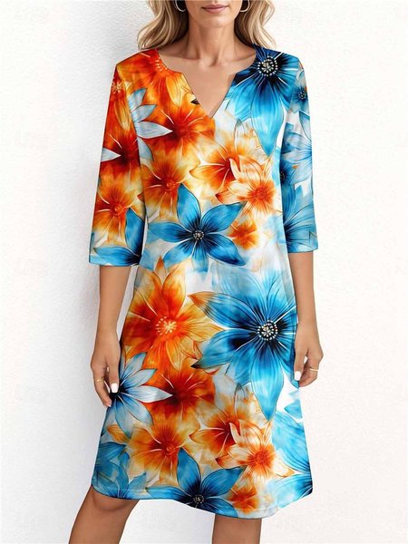 

Loose Notched Floral Casual Dress, Blue, Dresses