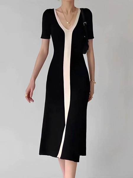 

Urban V Neck Color Block Short Sleeve Midi Dress With No Belt, Black, Midi Dresses