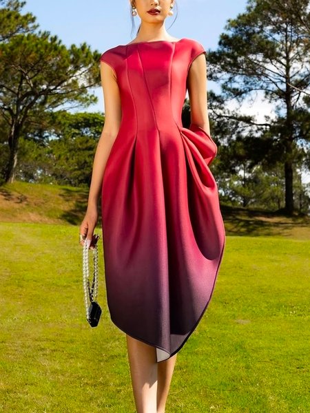 

Ombre Regular Fit Boat Neck Elegant Midi Dress, As picture, Midi Dresses