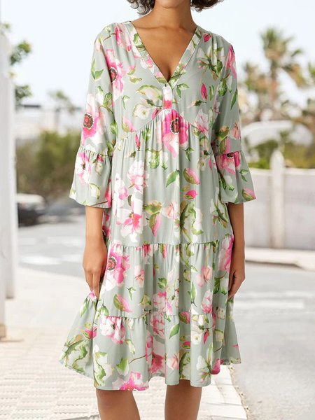 

Ruched Floral Ruffled Sleeves Loose Vacation Dress, Aqua, Dresses