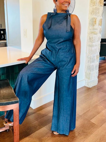 Sleeveless Plain Vacation Regular Fit Faux Denim Jumpsuit, Denim blue, Jumpsuits
