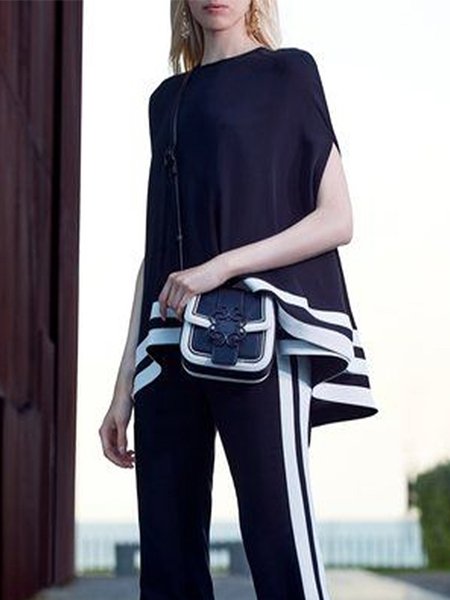 

Urban Crew Neck Color Block Loose Shirt, Dark_blue, Blouses and Shirts