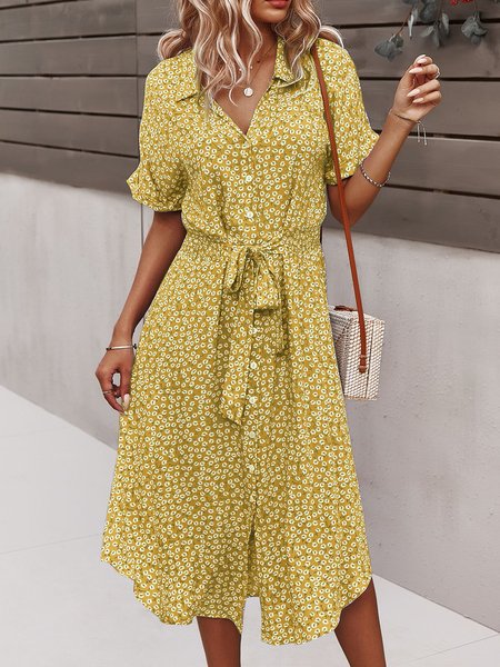 

Women Small Floral V Neck Short Sleeve Comfy Casual Buckle Midi Dress, Yellow, Floral Dresses