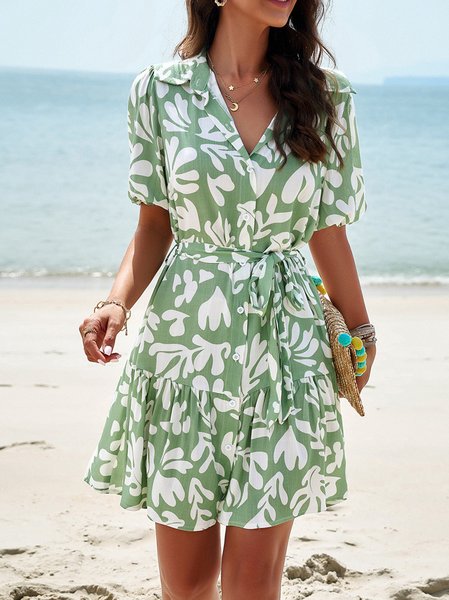 

Women Leaf Shirt Collar Short Sleeve Comfy Casual Short Dress, Green, Short