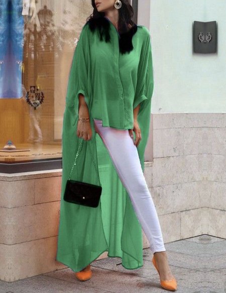 

Casual Daily Loose Plain Shirt Collar Asymmetrical Blouse, Green, Blouses and Shirts