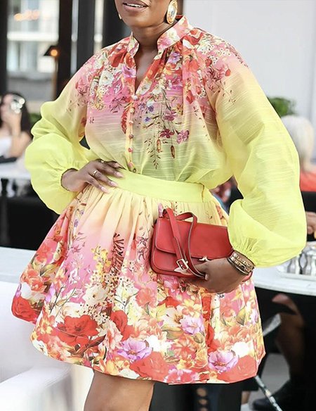 

Stand Collar Loose Floral Vacation Blouse, As picture, Blouses and Shirts