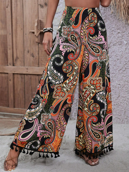 

Vacation Cashew Flowers Pants, Black, Pants