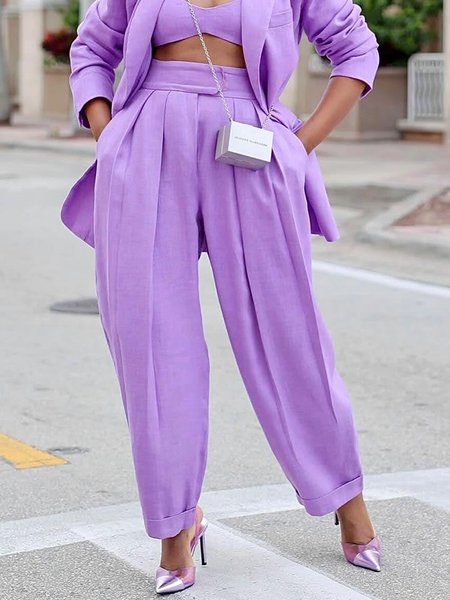 

Plain Urban High Waist Pockets Fashion Pants, Purple, Pants