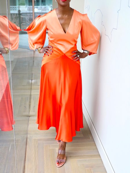 

V Neck Balloon Sleeve Regular Fit Elegant Split Joint Dress, Orange, Midi Dresses