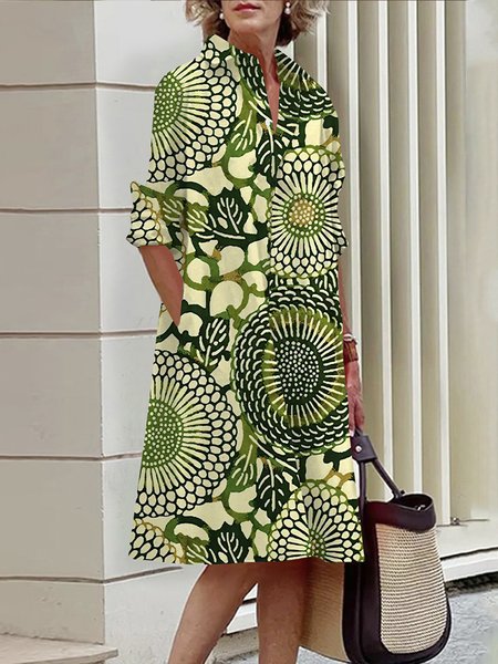 Daily Long Sleeve Regular Fit Urban Shirt Dress, Green, Midi Dresses